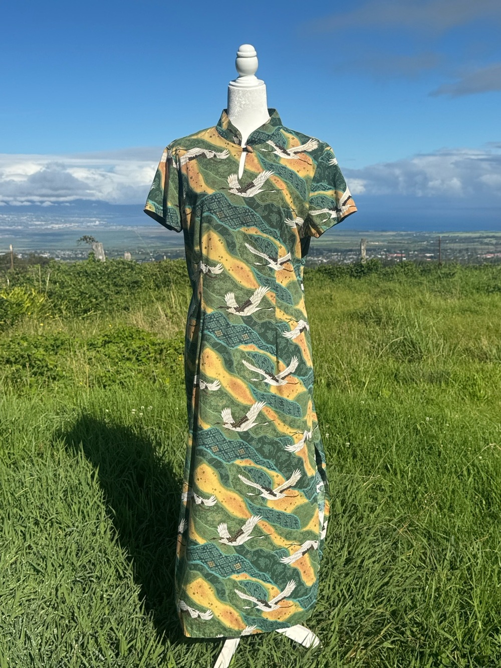 Vintage 90s Bishop St Hawaii Asian inspired Green Crane Maxi Dress XXL